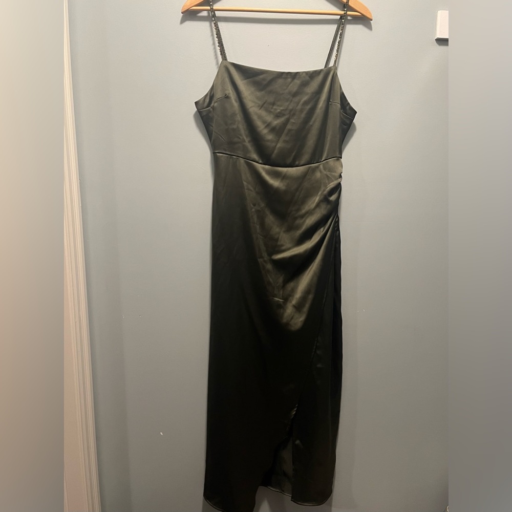Zara Olive Green Midi Dress Satin - Picture 2 of 5